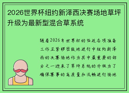 2026世界杯纽约新泽西决赛场地草坪升级为最新型混合草系统 2026世界杯纽约新泽西决赛场地草坪升级为最新型混合草系统